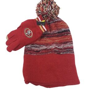 49ers Beanie and Gloves Set Touchscreen Knit Hat with Pom‎ Red NFL Football